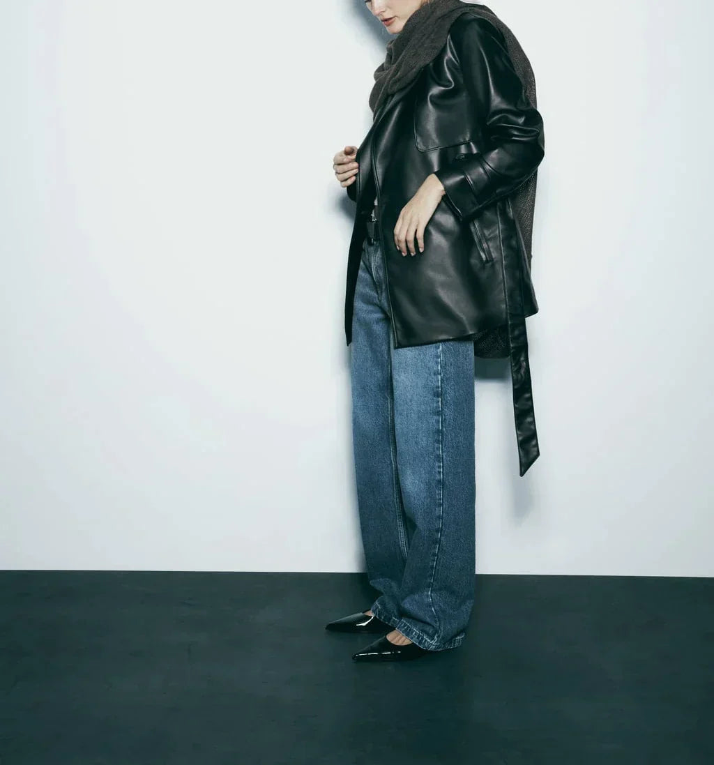 Women's Black Faux Leather Trench Coat – S–XL