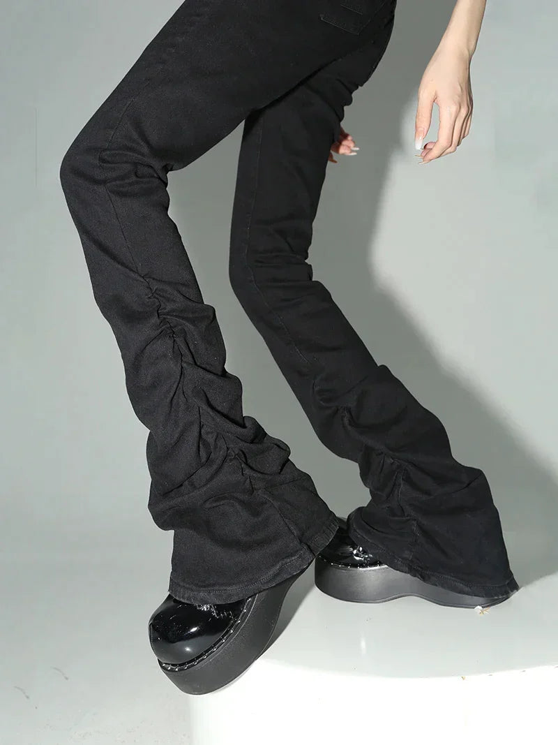 Women's Black Ruched Flare Trousers
