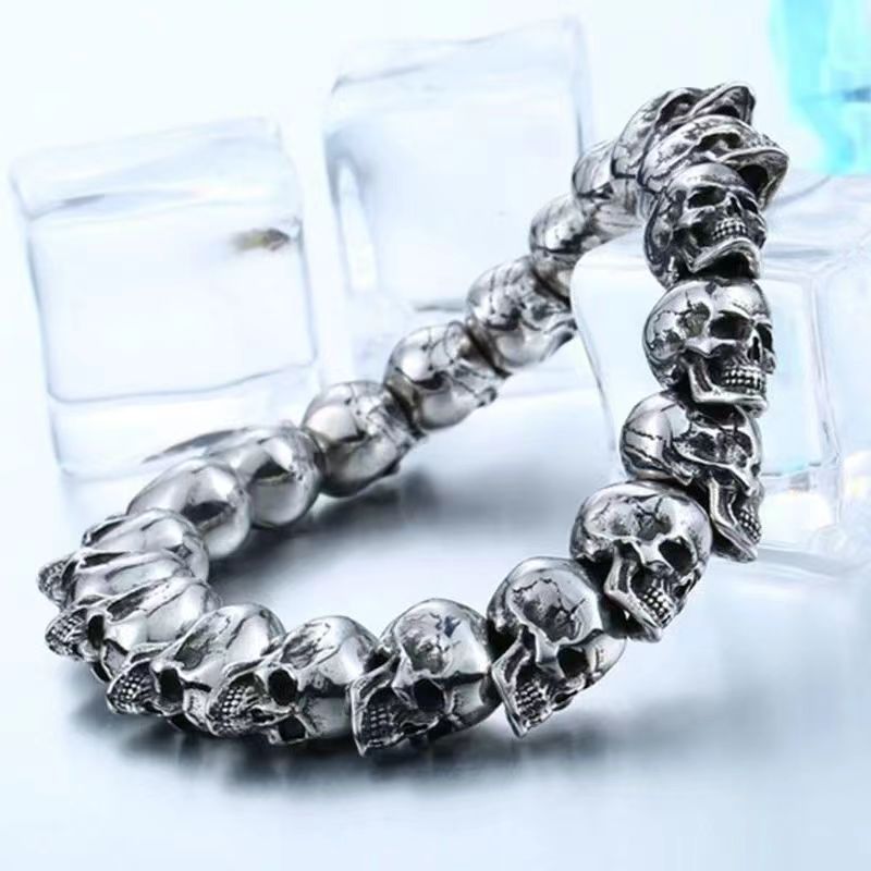 Men's Gothic Skull Beaded Bracelet – Silver
