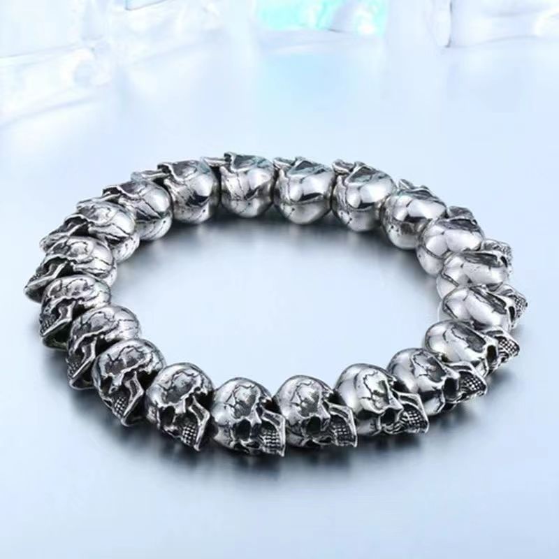Men's Gothic Skull Beaded Bracelet – Silver