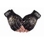 Gothic Skull Fingerless Biker Gloves – Black, Red & Blue