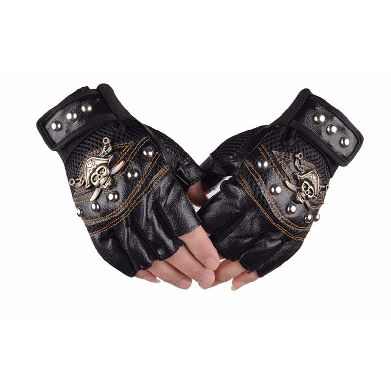 Gothic Skull Fingerless Biker Gloves – Black, Red & Blue