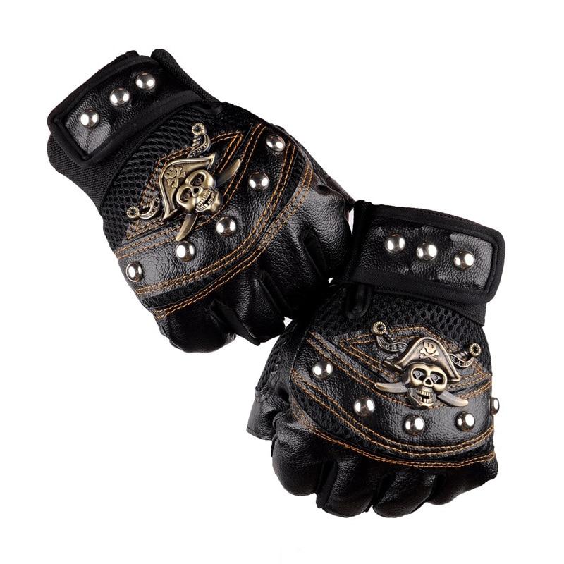 Gothic Skull Fingerless Biker Gloves – Black, Red & Blue