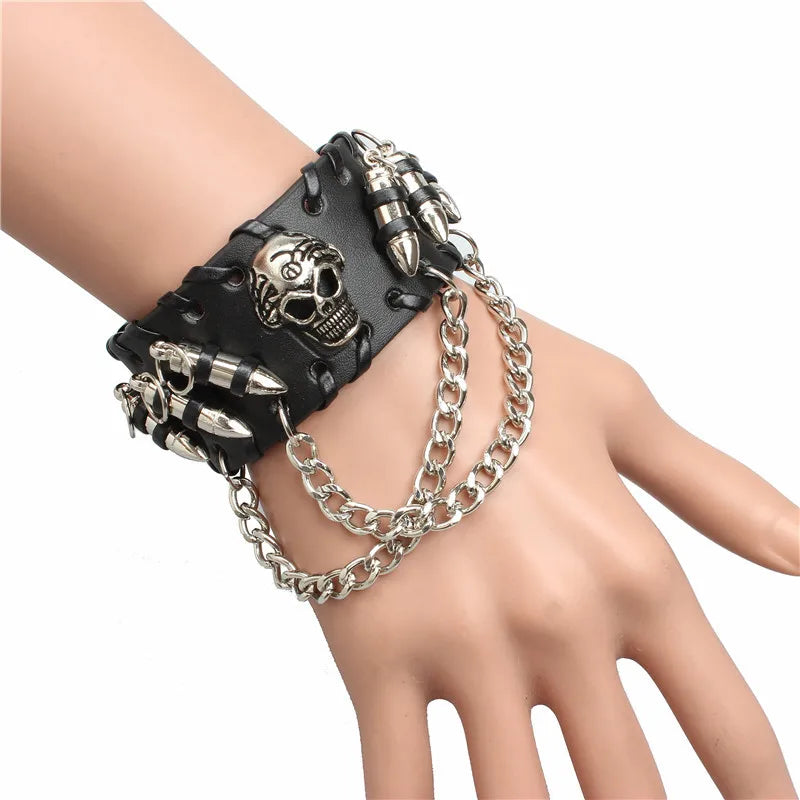 Men's Gothic Wide PU Leather Cuff Bracelet – Black & Red