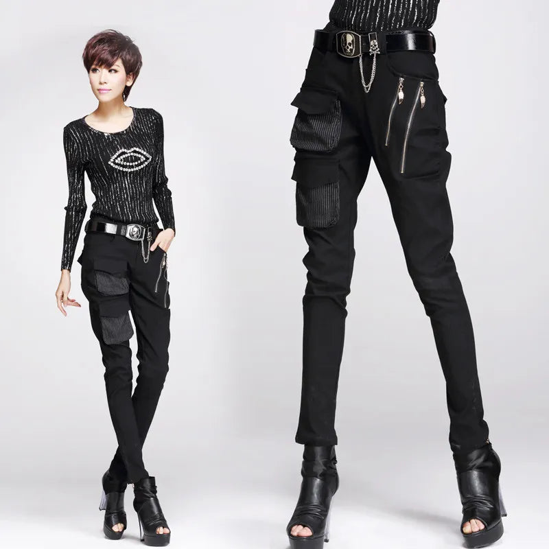 Women's Black Zipper Pocket Harem Pants – S–XL