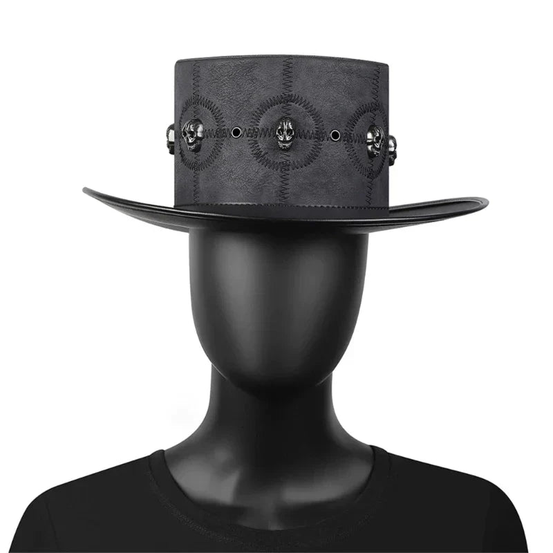 Gothic Skull Steampunk Top Hat – Black Faux Leather