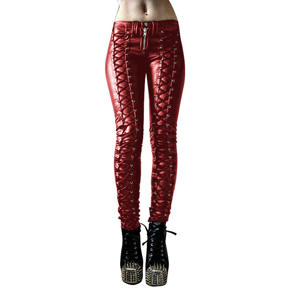 Women's Faux Leather Lace-Up Pants – Black & Red, S–4XL