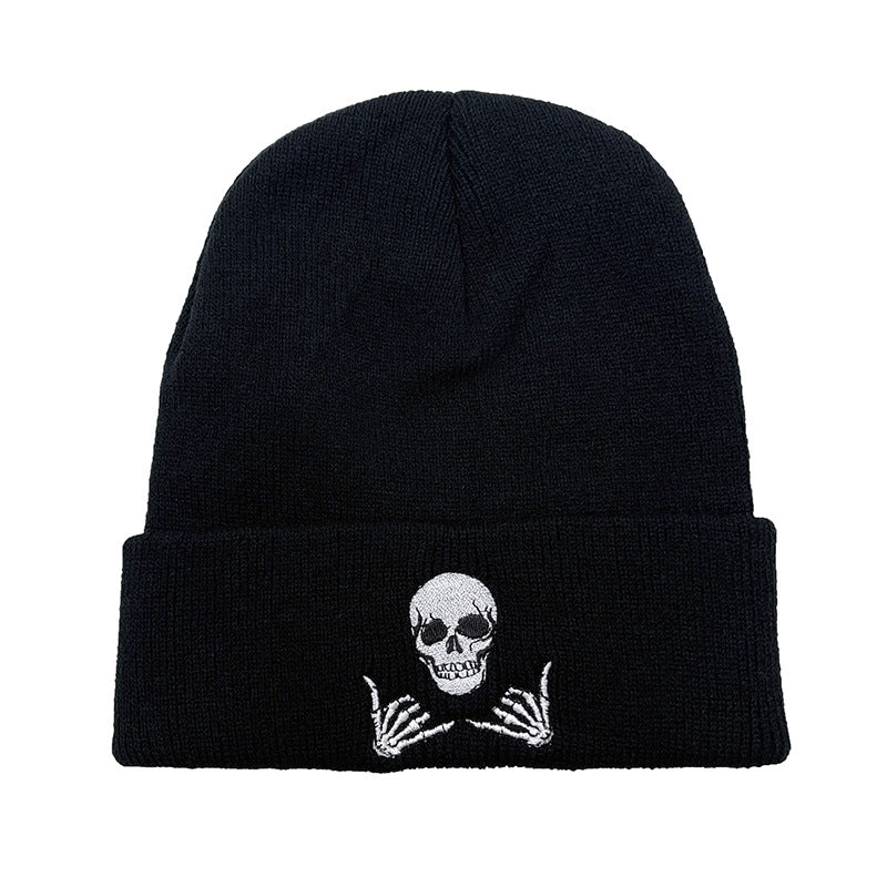 Gothic Embroidered Skull Beanie – Knit Hat