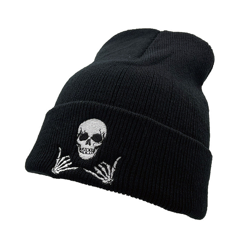 Gothic Embroidered Skull Beanie – Knit Hat