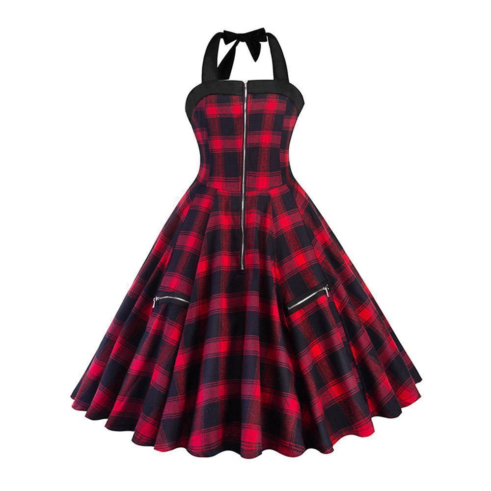 Women's Red Plaid Halter Mini Dress – S–XXL