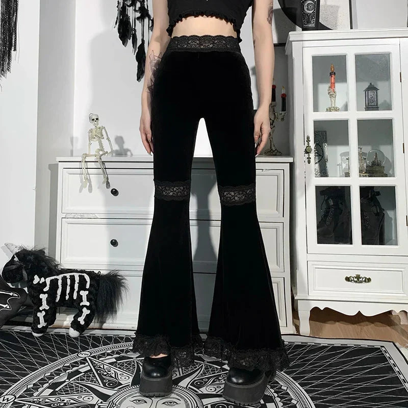 Women's Black Lace High-Waist Flared Trousers – S–L
