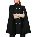 Women's Black Double-Breasted Cape Coat – S–XL