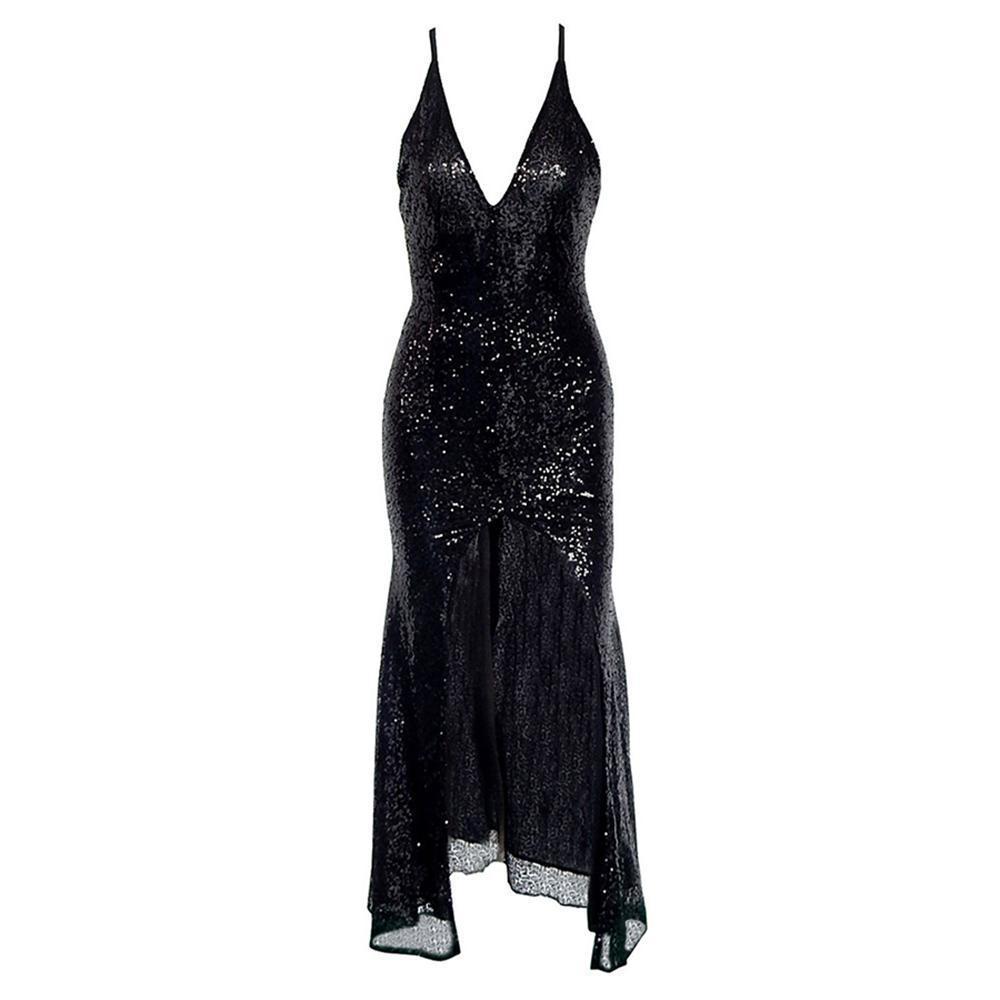 Women's Black Sequinned Asymmetric Midi Dress – S–XL