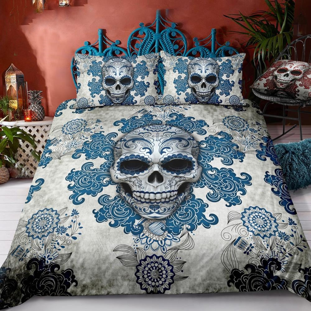 Blue Day of the Dead Skull Duvet Cover Set