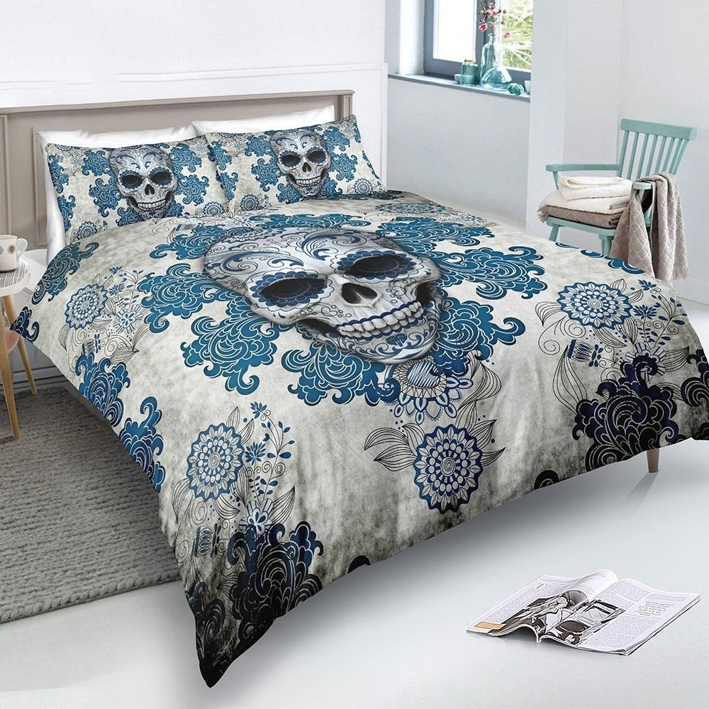 Blue Day of the Dead Skull Duvet Cover Set