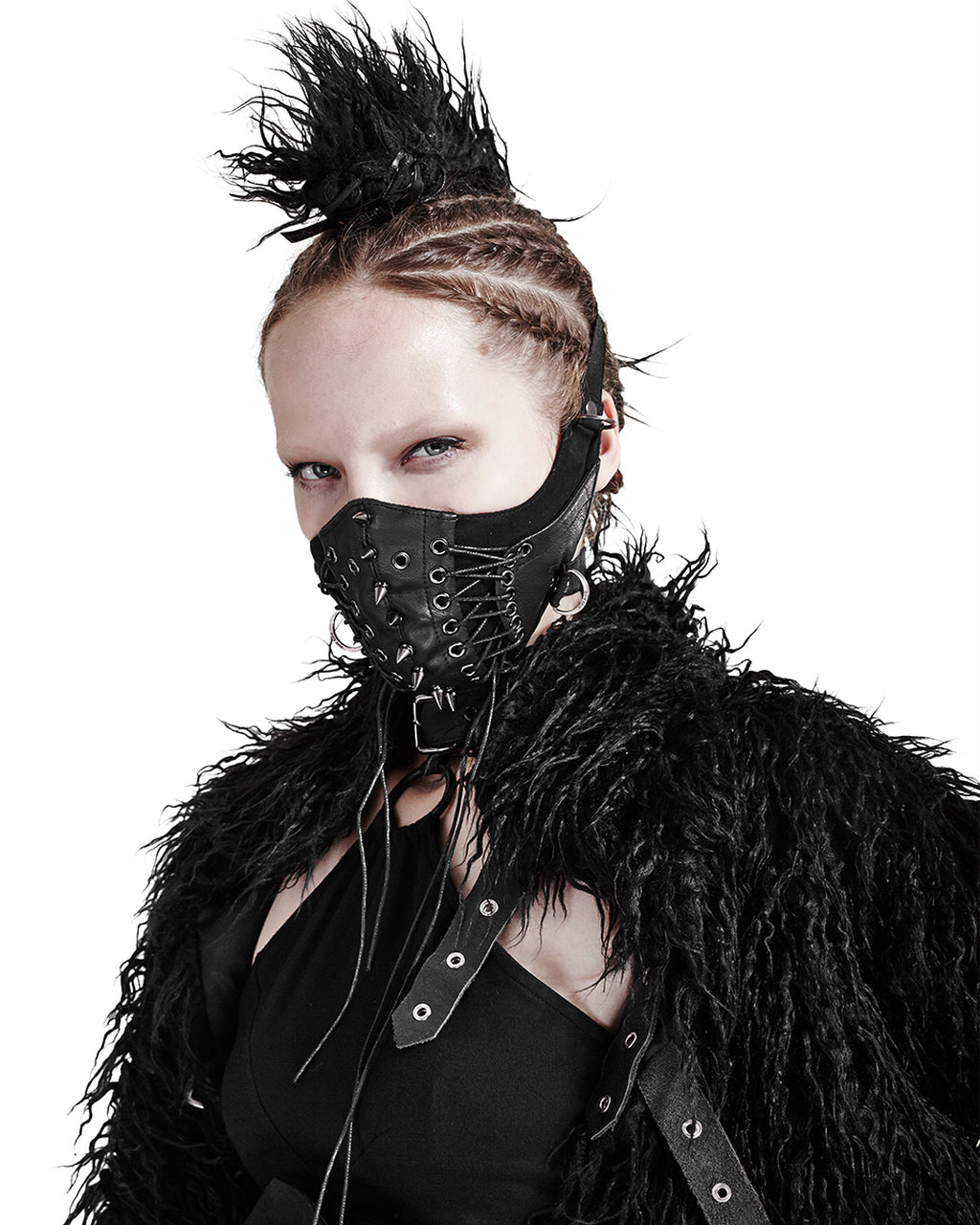 Black Gothic Industrial Faux Leather Mask – Spikes & Lacing