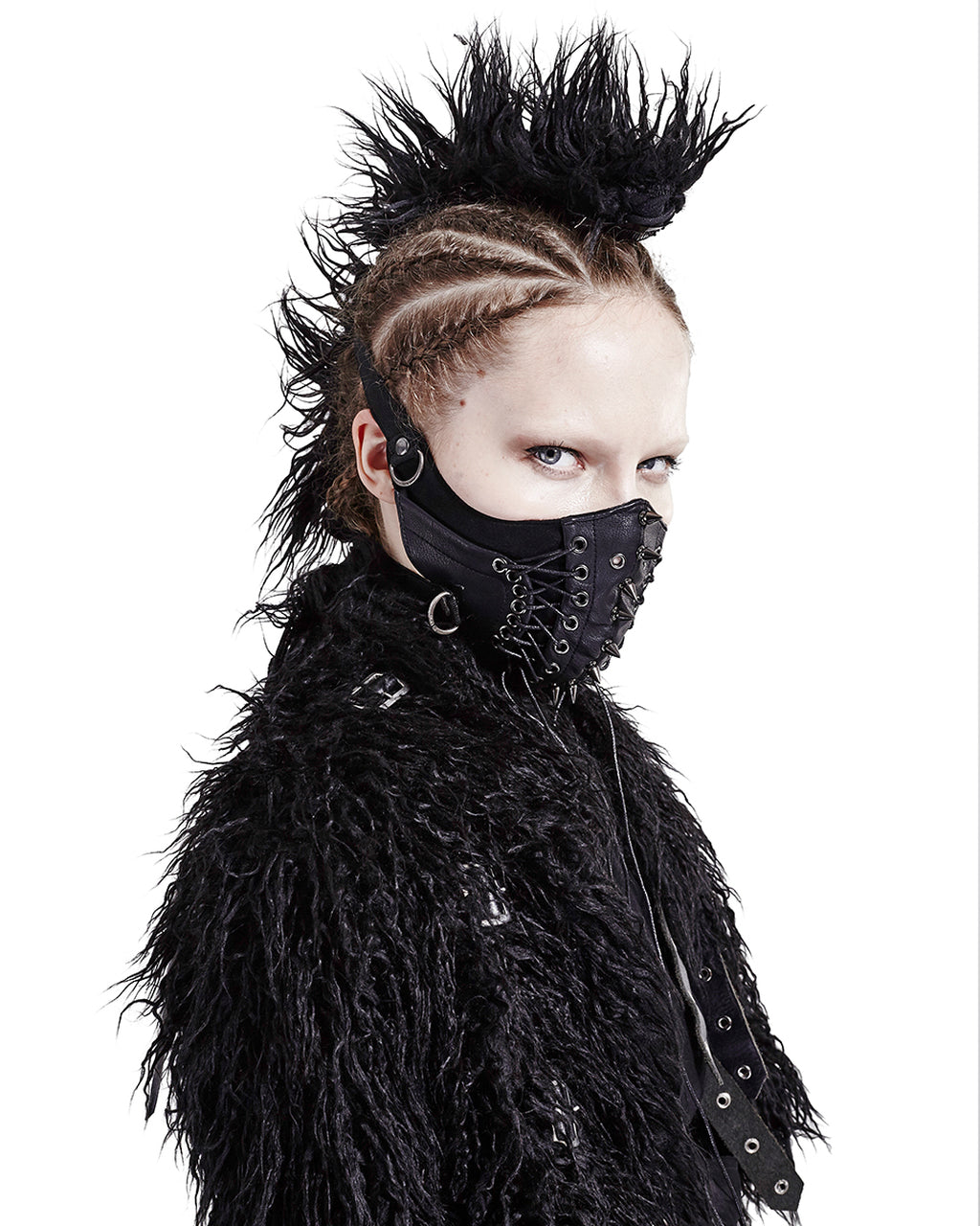 Black Gothic Industrial Faux Leather Mask – Spikes & Lacing