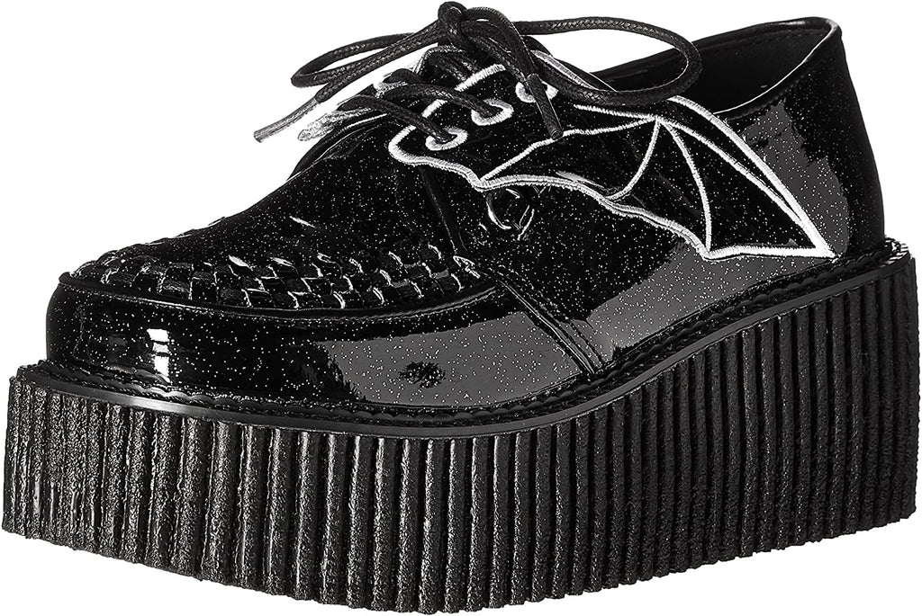 Women's Black Glitter Creeper Shoes with Bat Wings