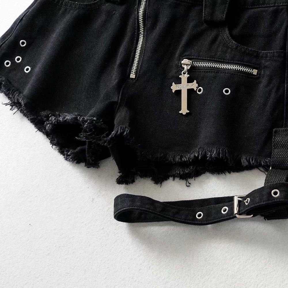 Women's Black Denim Gothic Shorts