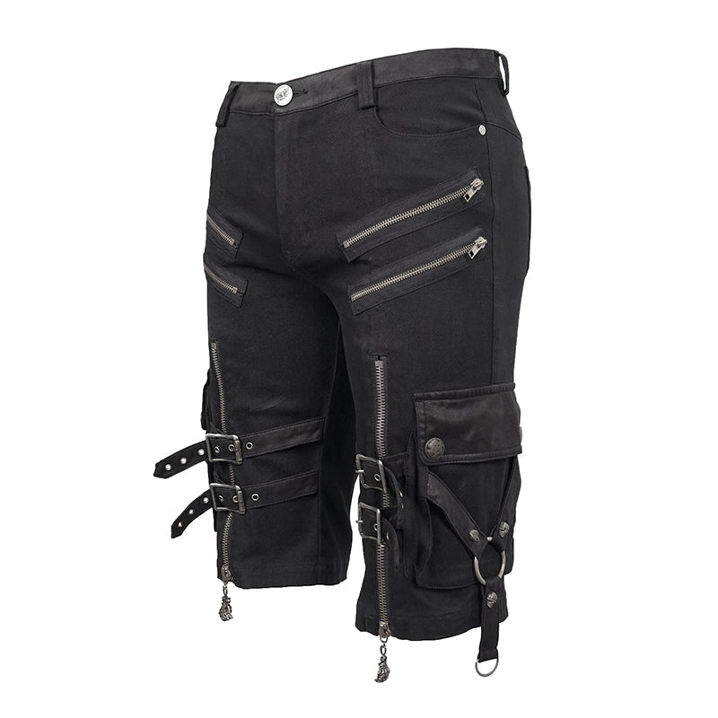 Men's Gothic Distressor Cargo Shorts with Buckle & Zip Details