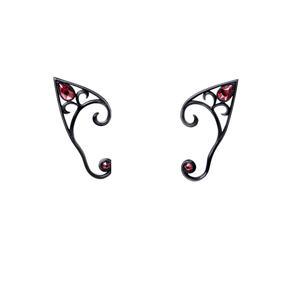Elven Ear Wrap – Black or Pewter with Red Crystals