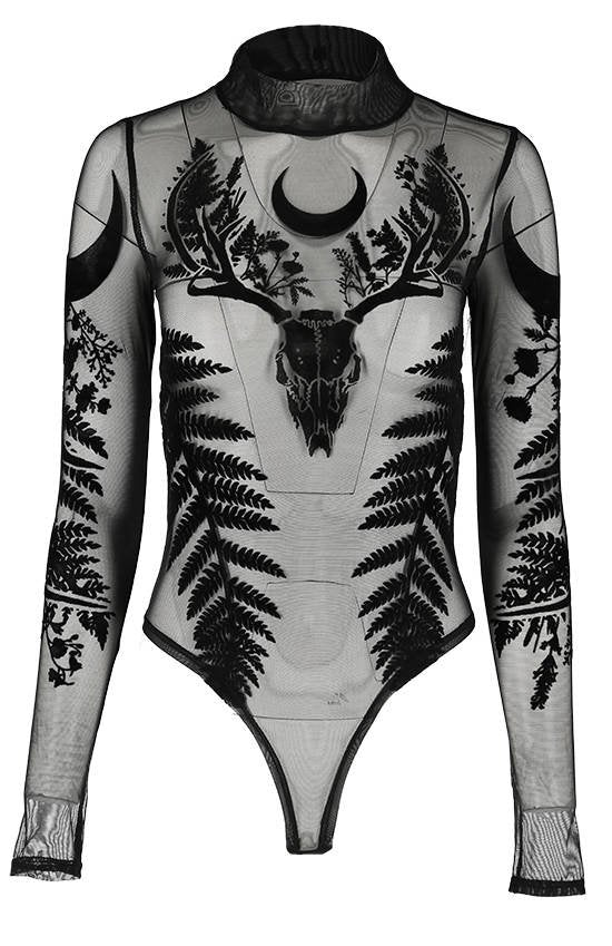 Women's Black Gothic Fern Mesh Bodysuit – XS–3XL