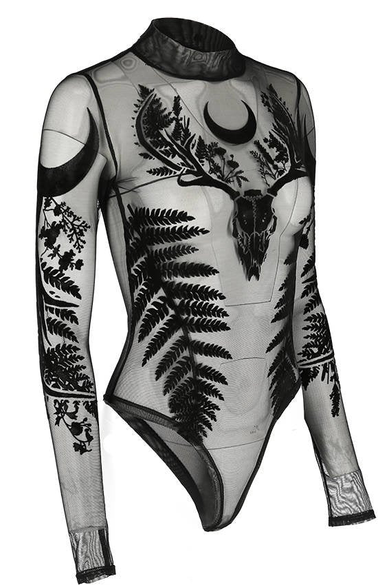 Women's Black Gothic Fern Mesh Bodysuit – XS–3XL