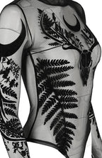 Women's Black Gothic Fern Mesh Bodysuit – XS–3XL