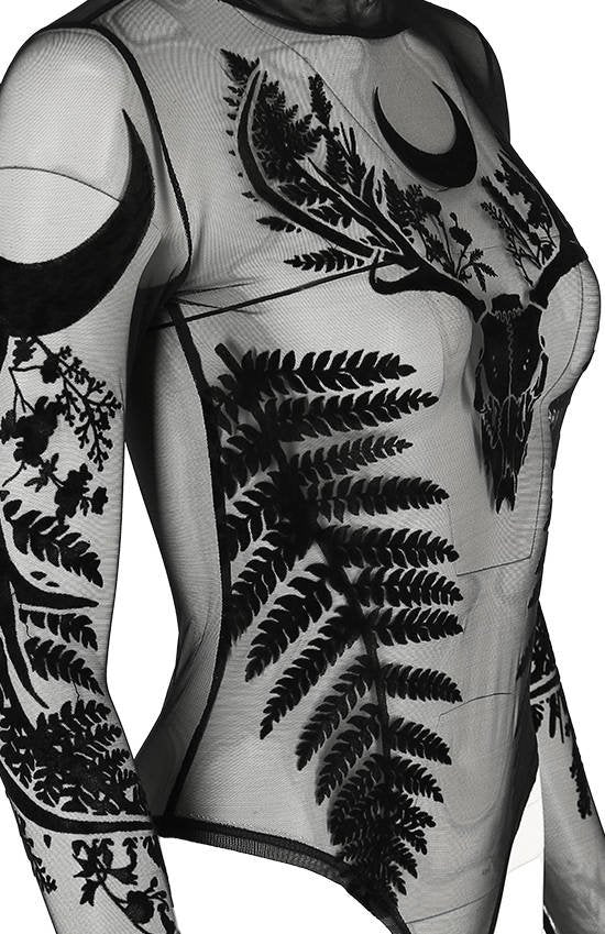 Women's Black Gothic Fern Mesh Bodysuit – XS–3XL