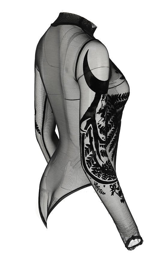 Women's Black Gothic Fern Mesh Bodysuit – XS–3XL