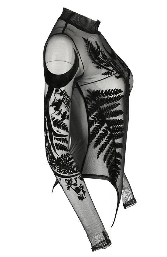 Women's Black Gothic Fern Mesh Bodysuit – XS–3XL