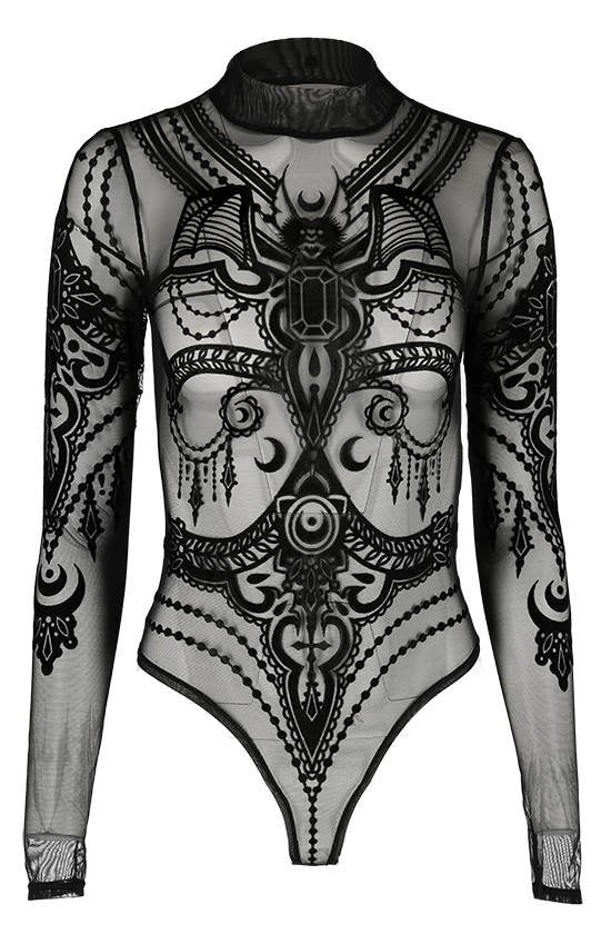 Women's Black Bejewelled Bat Mesh Bodysuit – XS–3XL