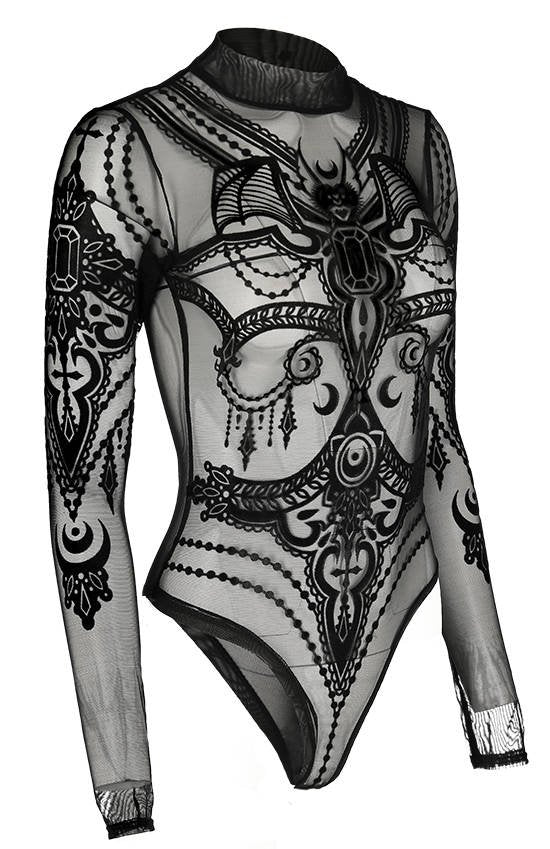 Women's Black Bejewelled Bat Mesh Bodysuit – XS–3XL