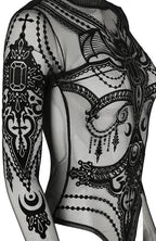 Women's Black Bejewelled Bat Mesh Bodysuit – XS–3XL