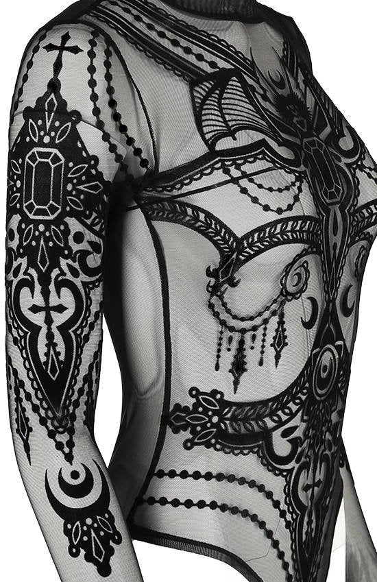 Women's Black Bejewelled Bat Mesh Bodysuit – XS–3XL