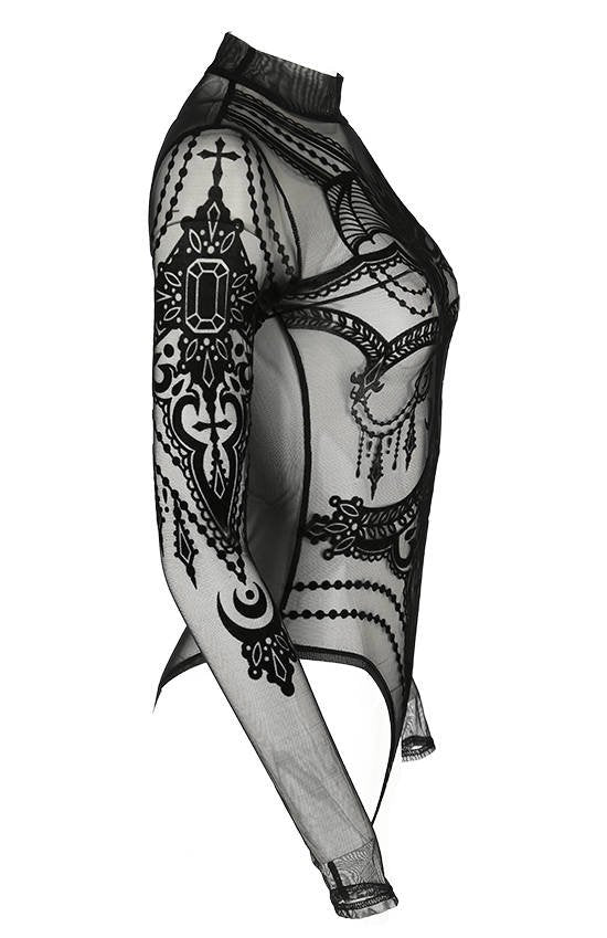 Women's Black Bejewelled Bat Mesh Bodysuit – XS–3XL