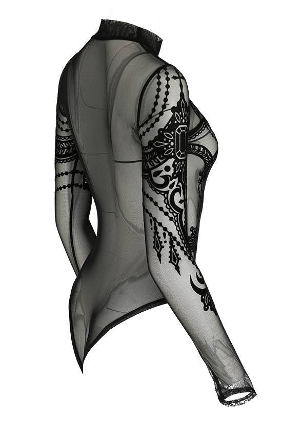 Women's Black Bejewelled Bat Mesh Bodysuit – XS–3XL