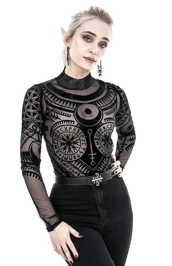 Women's Black Runic Mesh Bodysuit – XS–3XL