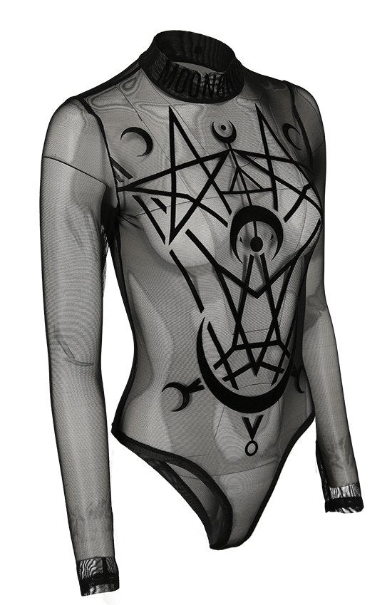 Women's Black Moon Child Mesh Bodysuit – XS–3XL