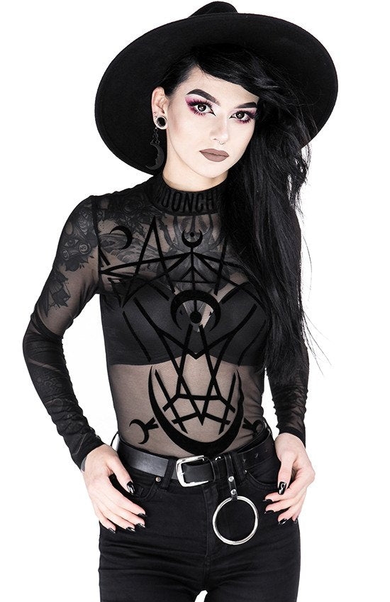 Women's Black Moon Child Mesh Bodysuit – XS–3XL
