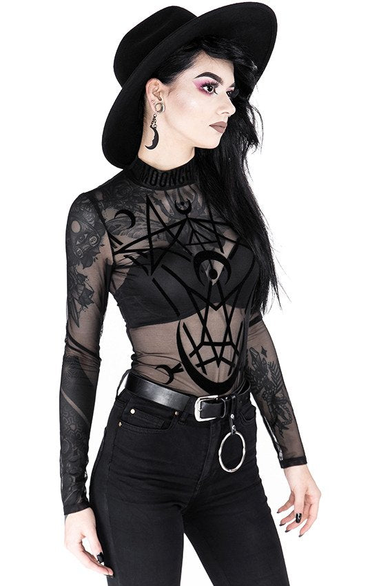 Women's Black Moon Child Mesh Bodysuit – XS–3XL