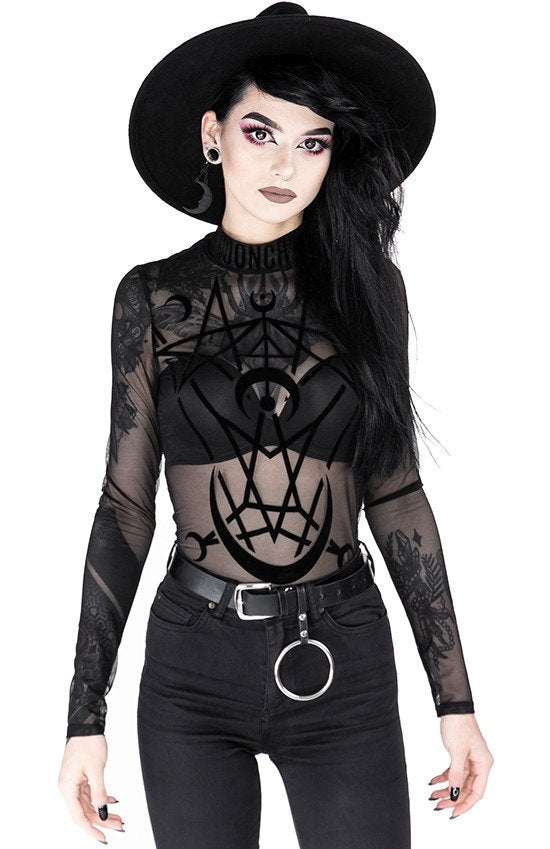Women's Black Moon Child Mesh Bodysuit – XS–3XL