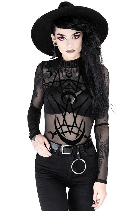Women's Black Moon Child Mesh Bodysuit – XS–3XL