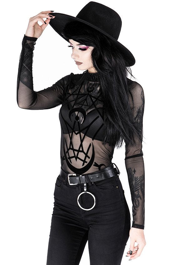 Women's Black Moon Child Mesh Bodysuit – XS–3XL