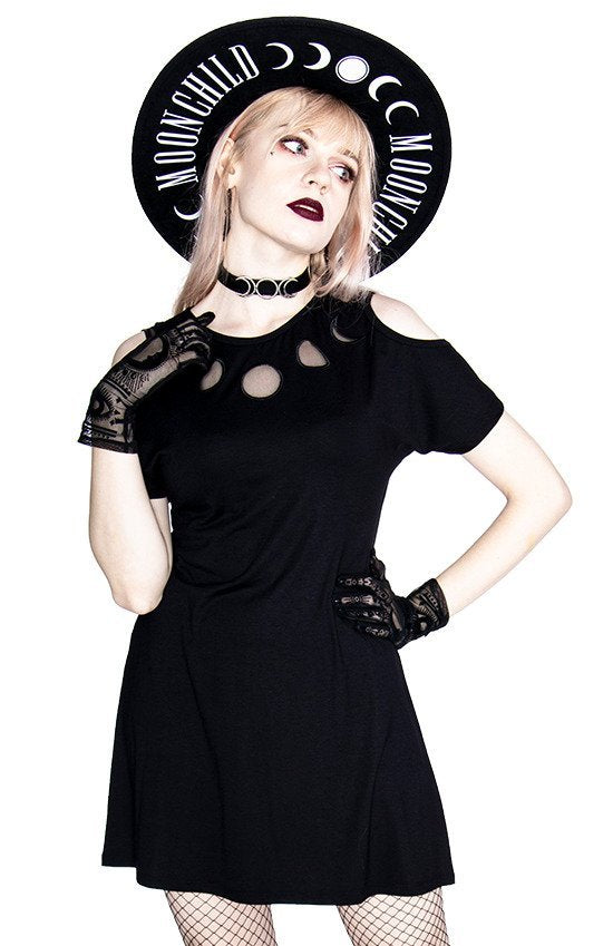 Women's Black Moon Phases Cutout Dress – S–3XL