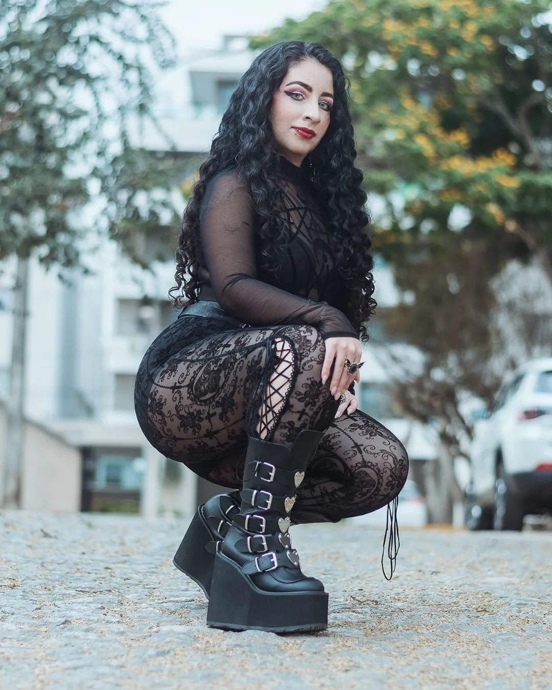 Women's Gothic Lace Cameo Leggings – Black & Nude, XS–3XL