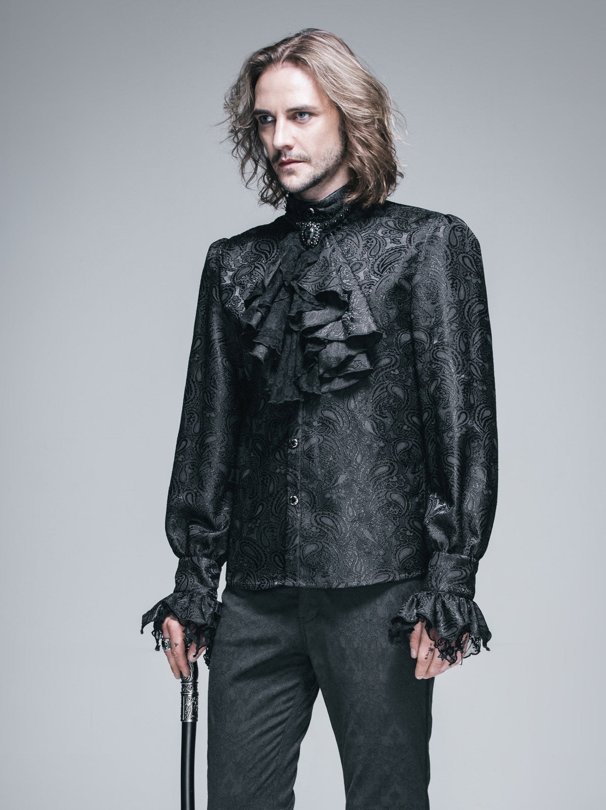 Men's Gothic Vampire Shirt with Ruffled Cuffs & Jabot – S–4XL