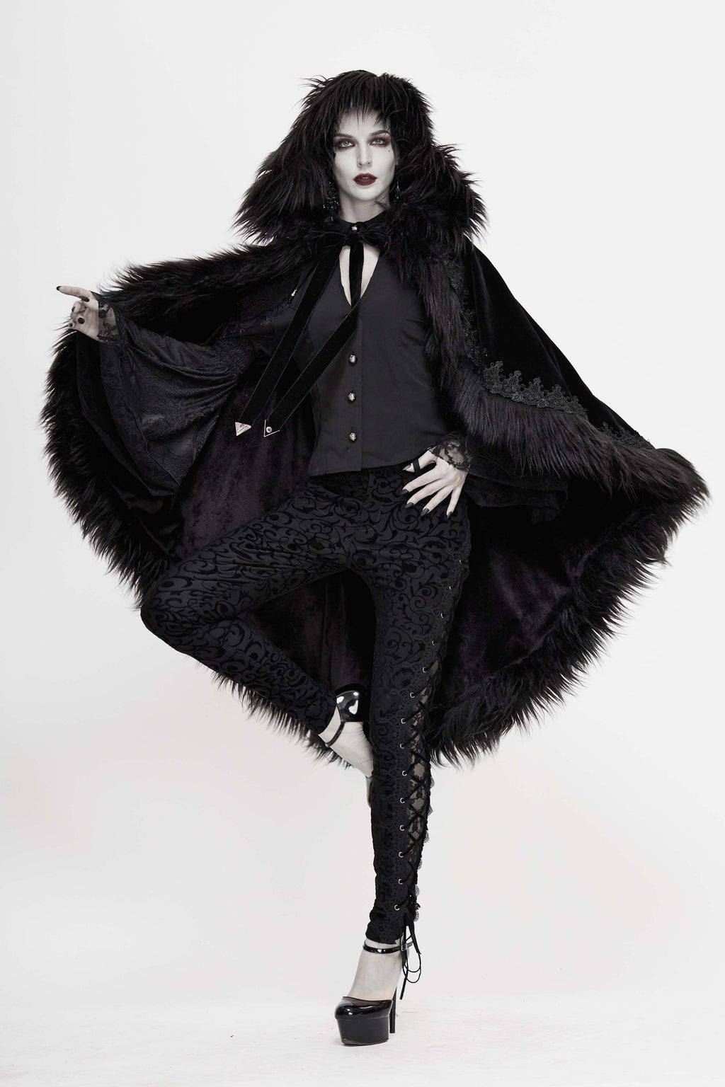 Black Gothic Faux Fur Trim Hooded Cloak