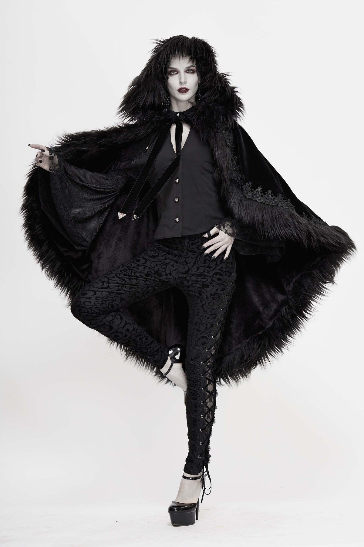 Black Gothic Faux Fur Trim Hooded Cloak