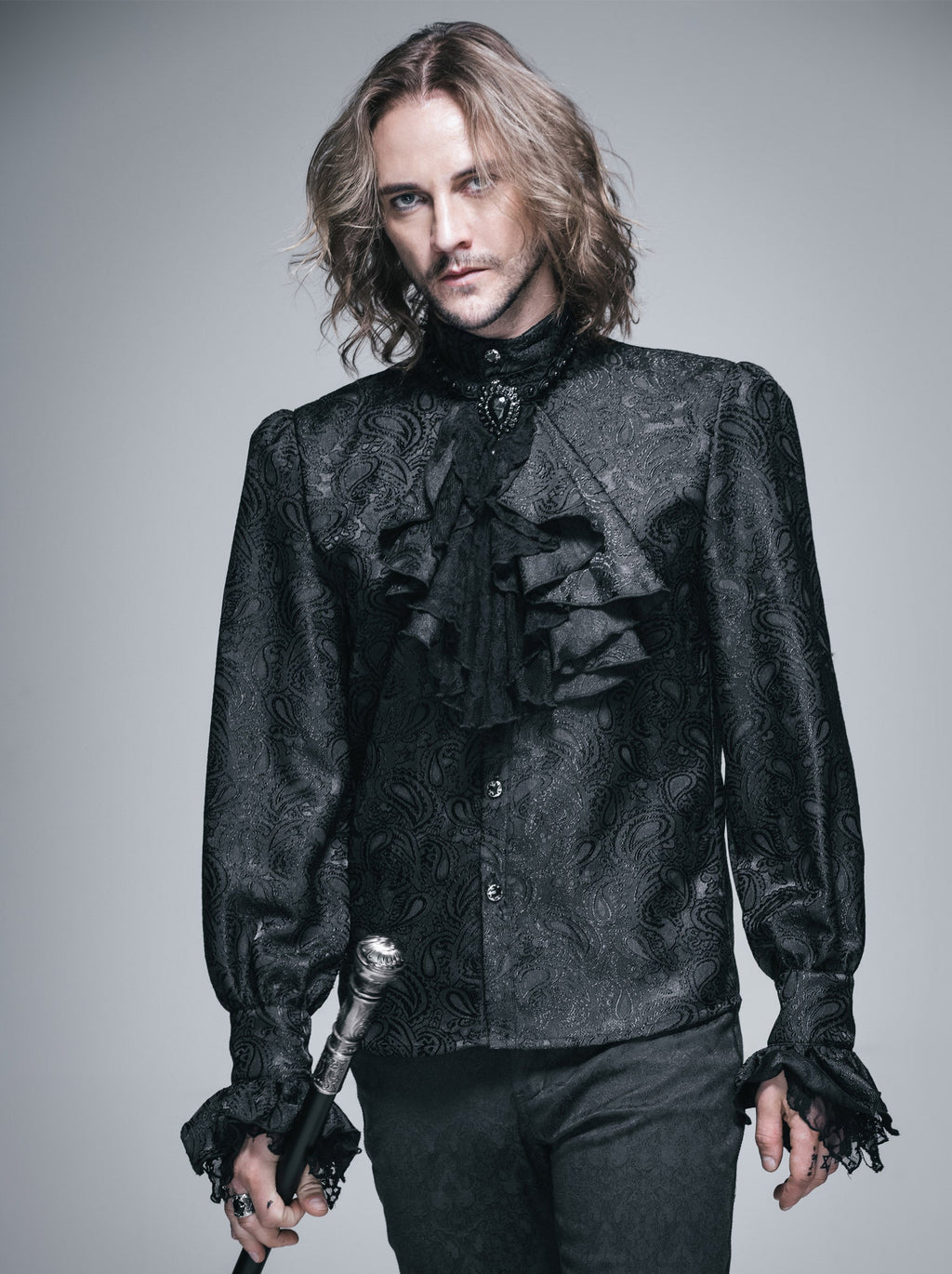 Men's Gothic Vampire Shirt with Ruffled Cuffs & Jabot – S–4XL